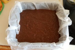 Sweet potato brownie mix in the pan