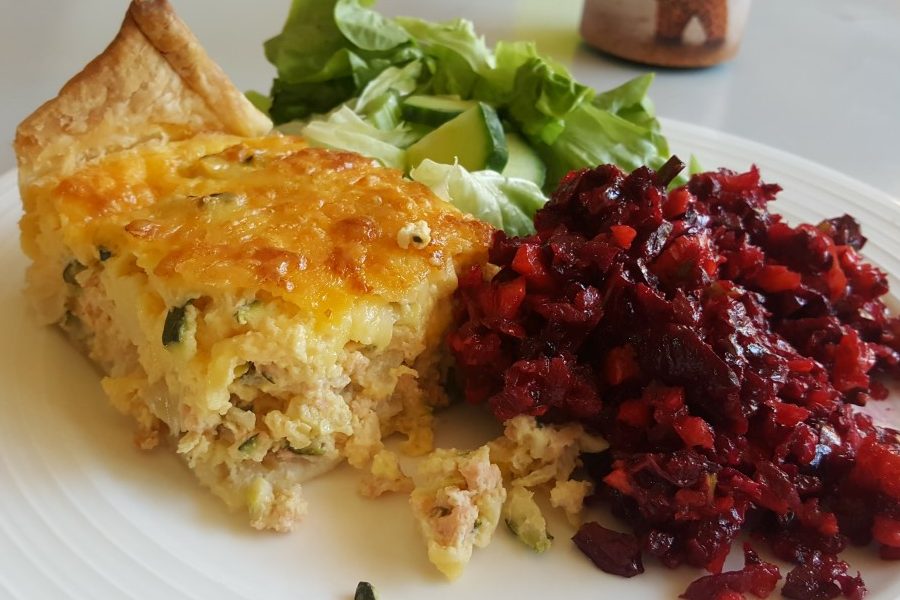 Quiche with beetroot salad and some greens, yum!